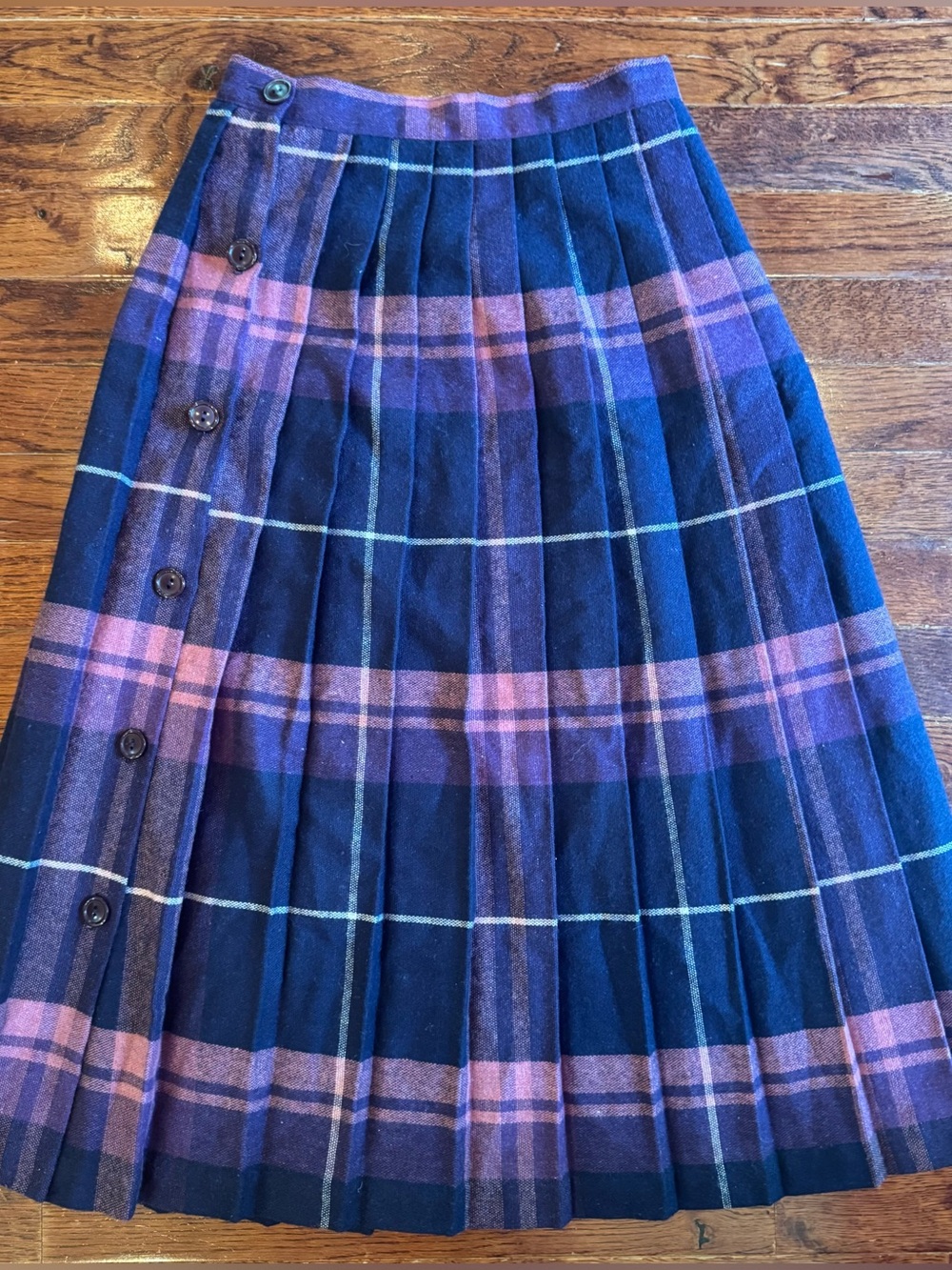 Vintage 70s Marilyn Togs Plaid Pleated Button Front Midi Skirt Pink Purple Wool